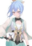  black_gloves blue_eyes blue_hair chest_sarashi fawny frown gloves hair_ornament hand_on_own_hip haori highres hololive hoshimachi_suisei japanese_clothes kazama_iroha kazama_iroha_(1st_costume) leaf_hair_ornament looking_at_viewer navel partially_fingerless_gloves sarashi simple_background star_(symbol) star_in_eye stomach symbol_in_eye virtual_youtuber white_background 
