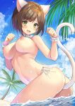  1girl anal_tail animal_ears beach bikini bikini_bottom blue_sky blush breasts brown_hair cat_ears cat_tail cloud coconut coconut_tree day droplets fake_tail fang green_eyes highres idolmaster idolmaster_cinderella_girls looking_at_viewer maekawa_miku medium_breasts nipples open_mouth outdoors palm_tree sasorichamaru short_hair side-tie_bikini sky solo swimsuit tail topless tree white_bikini white_tail 