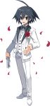  1boy ahoge almaz_von_almadine_adamant black_bow black_bowtie black_hair bow bowtie disgaea disgaea_rpg flower formal gloves hair_between_eyes looking_at_viewer male_focus official_art open_mouth pants petals red_flower red_rose rose shirt single_glove smile suit transparent_background white_footwear white_gloves white_pants white_suit 