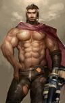  1boy abs bara beard bulge cape clothes_pull contrapposto dark_skin dark_skinned_male facial_hair feet_out_of_frame gun holding holding_gun holding_weapon jewelry league_of_legends looking_at_viewer malcolm_graves male_focus male_pubic_hair mature_male muscular muscular_male mustache navel navel_hair necklace nipples pants pants_pull pectorals pubic_hair pulled_by_self red_cape rybiokaoru shirtless short_hair solo stomach thick_thighs thighs torn_clothes torn_pants veins weapon 