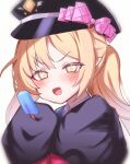  1girl black_coat black_headwear blonde_hair blue_archive blush coat food hat highres holding holding_food ibuki_(blue_archive) long_hair looking_at_viewer open_mouth peaked_cap pointy_ears poko050498 popsicle side_ponytail simple_background sleeves_past_fingers sleeves_past_wrists smile solo upper_body white_background yellow_eyes 