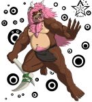 5_fingers 5_toes anthro bear beard body_hair bottomwear brown_body brown_fur caveman chest_hair chest_tuft claws clothed clothing facial_hair fafnir_stardust_(artist) fangs feet fingers fur hair hi_res horn hybrid loincloth loincloth_only long_hair male mammal multicolored_body pink_hair pubes red_sclera simple_background solo teeth toes topless tuft two_tone_body weapon yellow_eyes