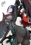  1girl absurdres arm_up armor black_bodysuit black_eyes bodysuit breasts fate/grand_order fate/samurai_remnant fate_(series) grey_bodysuit highres japanese_armor katana large_breasts looking_at_viewer looking_back minamoto_no_raikou_(fate) neon_trim parted_bangs parted_lips purple_hair rider_(fate/samurai_remnant) shiiki_(love-saber) short_hair shoulder_armor smile sode solo sword thighs two-tone_bodysuit weapon 