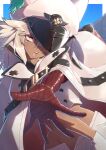  1girl bandaged_arm bandages cape clover dark-skinned_female dark_skin four-leaf_clover guilty_gear guilty_gear_strive hat hat_over_one_eye highres long_hair looking_at_viewer orange_eyes ramlethal_valentine red_bandage shorts solo strail_cycleman white_hair 