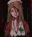  1girl armband blood blood_on_clothes blood_on_face breasts brown_hair cleavage crying crying_with_eyes_open earrings frown green_eyes hair_between_eyes hat jacket jewelry lisa_garland long_hair miichinori nurse_cap open_mouth red_jacket shirt silent_hill_(series) silent_hill_1 solo tears upper_body white_shirt 