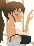  1girl bangs black_bra blush bra breasts brown_eyes brown_hair closed_mouth collarbone hand_up high_ponytail highres huge_breasts long_hair looking_at_viewer open_clothes ponytail shirt sincos solo taneshima_popura underwear upper_body very_long_hair white_shirt working!! 