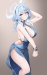  1girl absurdres ako_(blue_archive) ako_(dress)_(blue_archive) backless_dress backless_outfit bare_shoulders blue_archive blue_dress blue_eyes blue_hair blush bracelet breasts cleavage dress grin hair_between_eyes hairband halo highres jewelry large_breasts looking_at_viewer medium_hair noir_(4chan) sideboob smile solo 