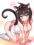  1girl ahoge all_fours animal_ears bell black_hair blush braid breasts cat_ears cat_girl cat_tail cleavage closed_mouth cougar_(cougar1404) hair_intakes hashtag_only_commentary jewelry leo_(cougar1404) looking_at_viewer loose_socks medium_breasts mole mole_under_eye multi-strapped_panties multicolored_hair necklace original panties pink_hair pink_panties shirt short_hair side_braids smile socks solo spaghetti_strap tail two-tone_hair underwear white_shirt white_socks yellow_eyes 