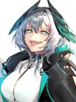  1girl :d aqua_eyes arknights black_coat coat commentary dress grey_hair head_wings highres ho&#039;olheyak_(arknights) indra_(szzupiopi) looking_at_viewer open_clothes open_coat open_mouth short_hair simple_background smile solo tongue tongue_out upper_body white_background white_dress wings 