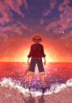  1boy aco_peda back black_hair blue_shorts clenched_hands cloud commentary_request full_body hat highres male_focus monkey_d._luffy ocean one_piece red_shirt sash shirt short_hair shorts solo straw_hat yellow_sash 