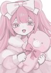  1girl animal_ears bear_ears bear_girl bow fur_trim hair_bow highres holding holding_stuffed_toy long_hair long_sleeves looking_at_viewer monochrome open_mouth original pink_theme shiona_(siona0625) solo stuffed_animal stuffed_toy teddy_bear upper_body 