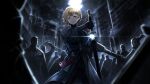  1boy 6+others black_robe black_shirt blonde_hair drawing_sword game_cg highres holding holding_sword holding_weapon katana lantern limbus_company multiple_others nai_ga official_art project_moon robe sheath sheathed shirt short_hair sinclair_(project_moon) solo_focus sword weapon yellow_eyes 