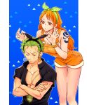  1boy 1girl adjusting_another&#039;s_hair arm_tattoo blue_background bracelet chabo_(niwatori_bosori) closed_eyes commentary_request crossed_legs earrings green_hair haramaki jewelry long_hair looking_down nami_(one_piece) one_piece one_piece:_stampede orange_eyes orange_hair overall_shorts overalls roronoa_zoro scar scar_across_eye scar_on_chest short_hair sidelocks sleeping tattoo triangle v-shaped_eyebrows 
