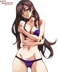  1girl black_hair bra breasts brown_hair cameltoe commentary dangle_earrings earrings english_commentary final_fantasy final_fantasy_vii final_fantasy_vii_remake highres jewelry large_breasts long_hair mina_cream navel panties parted_lips purple_bra purple_panties red_eyes simple_background solo stomach thighs tifa_lockhart underwear underwear_only wavy_hair white_background 