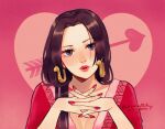  1girl arrow_(projectile) black_hair blue_eyes boa_hancock chunafishy close-up crossed_fingers earrings english_commentary heart heart_arrow hime_cut jewelry long_hair looking_at_viewer one_piece pink_background pink_lips red_nails red_shirt shirt snake_earrings solo 
