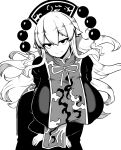  1girl absurdres breasts chinese_clothes greyscale hands_on_own_knees highres himajin_noizu huge_breasts junko_(touhou) leaning_forward long_hair monochrome phoenix_crown simple_background tabard touhou white_background 