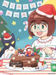  1girl 49s-aragon absurdres blush brown_hair cake cat food glasses green-framed_eyewear green_eyes hat highres merry_christmas open_mouth original red_headwear round_eyewear santa_hat short_hair smile solo 