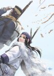  1boy 1girl asirpa bag cape chain copyright_name earrings fur_cape golden_kamuy gun gun_on_back hand_on_headwear headband jewelry long_hair looking_at_viewer military_uniform mitsuya purple_headband sash scarf short_hair shoulder_bag sidelocks smile sugimoto_saichi uniform upper_body weapon weapon_on_back 