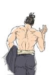  1boy back back_focus back_muscles black_hair cowboy_shot from_behind jujutsu_kaisen kobikimaru male_focus muscular muscular_male pants scar scar_across_eye short_hair sideburns solo toudou_aoi_(jujutsu_kaisen) unfinished walking_away waving 