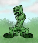 4_legs 4_paws abs anthro armless big_pecs clothed clothing cloud creeper_(minecraft) feet feral game_character gin98 glowing glowing_eyes grass green_body green_eyes green_skin green_toes hi_res huge_pecs male male/male microsoft minecraft mojang muscular muscular_male nude pantsless paws pecs pinup plant pose sexy_eyes shrub sky solo square_(anatomy) toes xbox_game_studios