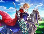  1girl armor armored_animal artoria_pendragon_(fate) artoria_pendragon_(lancer)_(fate) box_(hotpppink) breasts cape cleavage crown dun_stallion_(fate) fate/apocrypha fate/grand_order fate_(series) gauntlets holding holding_polearm holding_weapon horse lance looking_at_viewer polearm red_cape rhongomyniad_(fate) riding thighhighs weapon 