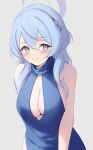  1girl ako_(blue_archive) ako_(dress)_(blue_archive) bare_shoulders blue_archive blue_dress blue_eyes blue_hair blush breasts cleavage dress hair_between_eyes hairband halo large_breasts looking_at_viewer medium_hair sideboob skeptycally smile solo 