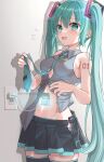  1girl :d android aqua_eyes aqua_hair arm_tattoo bare_arms bare_shoulders battery_indicator between_breasts black_skirt black_thighhighs blush breasts button_gap cable charger clothes_lift collared_shirt drop_shadow electrical_outlet flying_sweatdrops glowing grey_background grey_panties grey_shirt hair_between_eyes hatsune_miku highres holding_necktie kyuubi_mika lightning_bolt_symbol long_hair looking_at_viewer mechanical_parts medium_breasts miniskirt necktie necktie_between_breasts no_detached_sleeves open_fly panties pleated_skirt recharging shirt simple_background skirt skirt_lift sleeveless sleeveless_shirt smile solo stomach tattoo thighhighs tight_clothes tight_shirt twintails twitter_username underwear very_long_hair vocaloid white_background zettai_ryouiki 