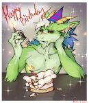 anthro arm_tuft black_sclera blue_hair bovid candle caprine cheek_tuft dragon ear_piercing eating_cake elbow_tuft facial_hair facial_tuft famir_(artist) famir_(character) front_view fur furred_dragon gauged_ear goat goatee green_body green_fur hair hi_res horn hybrid inner_ear_fluff male mammal mouth_closed multicolored_hair nipples piercing pupils shoulder_tuft slit_pupils solo tuft two_tone_hair white_hair white_inner_ear_fluff yellow_eyes yellow_horn yellow_nipples