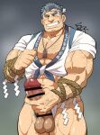  1boy abs arm_hair ass bar_censor bara beard biceps bracelet censored character_request cowboy_shot erection facial_hair fundoshi_aside grin hachimaki hairy happi headband highres huge_penis japanese_clothes jewelry kirupi large_pectorals male_cleavage male_focus male_pubic_hair mature_male mosaic_censoring muscular muscular_male navel no_pants pectorals penis pointing pointing_at_self pubic_hair rope short_hair sideburns skindentation smile solo stomach stubble thick_eyebrows thick_thighs thighs tokyo_houkago_summoners veins veiny_penis 