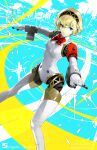  1girl aegis_(persona) android blonde_hair breasts closed_mouth commentary english_commentary eyelashes feet_out_of_frame gloves headphones highres joints nikusenpai persona persona_3 short_hair small_breasts solo white_gloves 