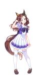  1girl animal_ears breasts brown_hair collarbone daring_heart_(umamusume) full_body grey_eyes hair_ornament highres horse_ears horse_girl horse_tail long_hair looking_at_viewer medium_breasts official_art open_mouth ribbon school_uniform solo tail thighhighs tracen_school_uniform umamusume 