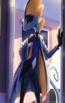 absurd_res anthro bathrobe bathrobe_only bedroom_eyes blue_body blue_scales clothed clothing donutella fin generation_8_pokemon hand_on_hip head_fin hi_res inteleon long_tail male narrowed_eyes nintendo open_bathrobe open_clothing open_robe pokemon pokemon_(species) rene_(donutella) robe scales scalie seductive skinny smile solo standing_in_doorway tail yellow_eyes
