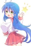  1girl :d ahoge blue_hair blush commentary_request cowboy_shot floating_hair from_behind green_eyes hair_between_eyes hand_on_own_hip hand_up happy highres izumi_konata long_hair looking_at_viewer looking_back lucky_star miniskirt mole mole_under_eye nanami_ayane_(kusunoki5050) notice_lines open_mouth pleated_skirt red_sailor_collar red_skirt sailor_collar school_uniform serafuku shirt sidelocks simple_background skirt sleeves_past_wrists smile solo star_(symbol) very_long_hair w white_background white_shirt 