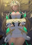  1girl arms_behind_back bangs bare_shoulders black_bean blonde_hair blush breasts chest_jewel cleavage_cutout closed_eyes clothing_cutout condom condom_wrapper dress drugged drugs earrings elbow_gloves gloves highres jewelry large_breasts long_hair lying mythra_(xenoblade) nipples on_back open_mouth pillow restrained short_dress sleeping swept_bangs thigh_strap thighs tiara white_dress white_gloves xenoblade_chronicles_(series) xenoblade_chronicles_2 