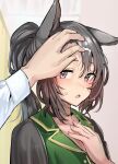  1girl 1other alternate_costume animal_ears blurry blurry_background blush collared_shirt commentary_request disembodied_limb green_eyes hair_between_eyes hand_on_another&#039;s_head hand_on_own_chest highres horse_ears horse_girl indoors long_hair looking_at_viewer multicolored_hair open_mouth pajamas satono_crown_(umamusume) shirt solo_focus solokitsune streaked_hair umamusume upper_body white_hair 