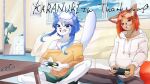 absurd_res angry annoyed anthro brother_(lore) brother_and_sister_(lore) controller crossed_legs duo female game_controller gaming hi_res kiguna_(komenuka_inaho) male mammal namama_guro playing_videogame sibling_(lore) sido_(komenuka_inaho) sister_(lore) smile smirk