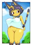  2021 :&lt; ahoge animal_crossing ankha_(animal_crossing) anthro black_hair blush bottomless breasts clothed clothing domestic_cat embarrassed felid feline felis female front_view fur genitals hair hi_res looking_aside mammal nintendo nipple_outline no_underwear outside portrait pussy san_ruishin shirt short_hair solo standing striped_tail stripes thick_thighs three-quarter_portrait topwear video_games yellow_body yellow_fur 