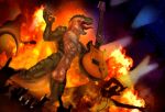 abs anthro balls biceps claws concert dinosaur electric_guitar fire genitals gotikamaamakitog guitar hi_res humanoid_genitalia humanoid_penis male muscular muscular_anthro muscular_male musical_instrument pecs penis plucked_string_instrument reptile rocco_(tallion) scales scalie sharp_teeth spikes spikes_(anatomy) string_instrument teeth theropod tongue tongue_out tyrannosaurid tyrannosaurus tyrannosaurus_rex vein veiny_muscles veiny_penis