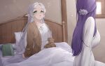  2girls bed brown_cardigan cardigan dress elf fern_(sousou_no_frieren) frieren green_eyes grey_hair highres long_hair multiple_girls nightgown on_bed pillow pointy_ears purple_hair sleep_bubble sousou_no_frieren syarrchan white_dress white_nightgown window 