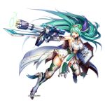  1girl ahoge aqua_hair armor armored_boots armpits artist_request bare_shoulders boots braid breasts cape commentary_request company_name frills full_body gauntlets gloves hairband holding holding_weapon kami_project kamihime_project large_breasts long_hair official_art open_mouth red_eyes shield simple_background single_braid skirt solo standing thighhighs very_long_hair weapon weapon_request white_skirt 