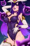 1girl blurry breasts elbow_gloves facial_mark gem gloves hair_over_one_eye headgear highres league_of_legends lips long_hair parted_lips purple_eyes purple_hair purple_lips pussy shiny_skin signature smile solo sparkle star_(sky) star_guardian_(league_of_legends) star_guardian_syndra starry_background syndra white_gloves white_headwear xinaelle 