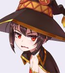  1girl absurdres black_collar breasts brown_hair brown_headwear cleavage collar dress hat highres kono_subarashii_sekai_ni_shukufuku_wo! locomixt1 megumin open_mouth red_dress red_eyes short_hair simple_background small_breasts solo white_background witch_hat 