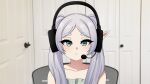  1girl absurdres elf expressionless frieren green_eyes grey_hair headphones highres indoors meme microphone pointy_ears sad_linus_(meme) solo sousou_no_frieren the_only_shoe twintails 