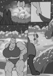 anthro big_breasts biped breasts canid canine clothed clothing comic duo female freckles_(artist) generation_1_pokemon generation_4_pokemon lucario machoke mammal monochrome muscular muscular_female nintendo nude pokemon pokemon_(species) snow snowing