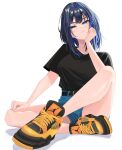  1girl absurdres black_shirt blue_eyes blue_hair hand_on_own_face hand_on_own_leg highres light_blush looking_at_viewer ouro_kronii shirt shoes short_hair shorts sitting sneakers zeon_(zzeeonn) 