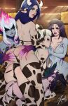  5girls :q anal_fingering animal_ears artist_name ass bare_shoulders bikini black_bikini black_hair black_panties bodysuit breasts cameltoe clenched_teeth collarbone colored_skin cow_ears cow_girl cow_tail diana_(league_of_legends) dogpile evelynn_(league_of_legends) finger_in_another&#039;s_mouth fingering grabbing_another&#039;s_hair green_eyes grey_bodysuit grey_hair grey_skin grin hay highres irelia kai&#039;sa large_breasts league_of_legends looking_at_viewer looking_back morgana_(league_of_legends) multiple_girls panties pink_hair pink_skin shiny_skin smile swimsuit tail teeth tongue tongue_out underwear xinaelle 
