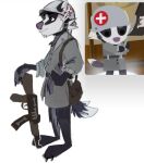 ak-47 anthro armor assault_rifle bag clothed clothing field_medic gun handbag headgear helmet hi_res looking_away male mammal medic military military_uniform pantsless piicktale procyonid raccoon ranged_weapon rifle soldier solo standing uniform warrior weapon