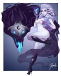 1girl animal_ears artist_name ass black_footwear boots breasts colored_skin colored_tongue fur_trim gradient_background green_tongue grey_hair high_heel_boots high_heels highres holding holding_mask kindred_(league_of_legends) lamb_(league_of_legends) league_of_legends long_hair mask medium_breasts multicolored_skin navel nipples purple_eyes sheep_ears sheep_tail smile tail teeth tongue tongue_out two-tone_skin unworn_mask white_skin wolf_(league_of_legends) xinaelle 