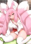 9_tails arm_support asian_clothing big_breasts blush breasts canid canine cleavage clothed clothing clothing_bow clothing_pull collarbone dipstick_ears dipstick_tail east_asian_clothing female fluffy fluffy_tail footwear fox fur hair hi_res high_cut_kimono horokusa0519 huge_breasts humanoid inner_ear_fluff inside japanese_clothing jewelry kimono legwear light_body light_skin long_hair looking_at_viewer mammal markings miko_outfit multi_tail multicolored_ears necklace obi off_shoulder pink_body pink_eyes pink_fur pink_hair sandals shirt shirt_pull shoji sitting smile solo tail tail_markings tatami thick_thighs thigh_highs topwear topwear_pull tuft wariza white_body white_fur wide_hips