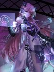  1girl absurdres animal_ears bare_shoulders bear_ears black_bodysuit bodysuit bori_(pixiv_95888990) coat detached_sleeves headgear headphones highres holographic_monitor long_hair mechanical_arms mechanical_ears pink_hair punishing:_gray_raven purple_eyes short_sleeves sidelocks solo teddy_(punishing:_gray_raven) white_coat 